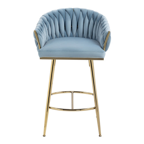 26inch  Counter height bar stools Set of 2 kitchen island counter bar stool with hand- wave back, golden chromed base and footrest(BLUE)