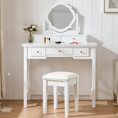 White Compact Vanity Table Set with Reversible Adjustable Mirror, 5 Drawer Storage & PU Cushioned Stool