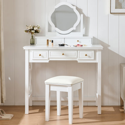 White Compact Vanity Table Set with Reversible Adjustable Mirror, 5 Drawer Storage & PU Cushioned Stool