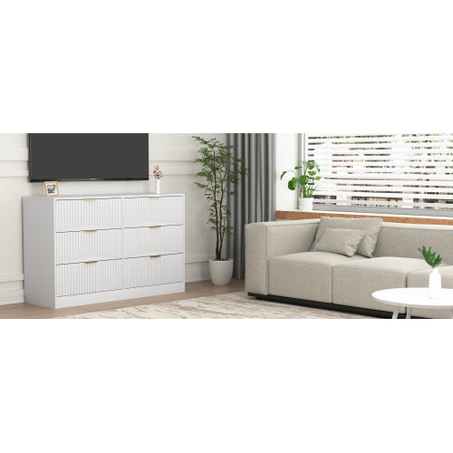 Modern 6-Drawer Dresser, Chest of Drawers for Bedroom, Living Room, Hallway, and Entryway - Large Storage Cabinet, White,Drawer panel with wavy patterns