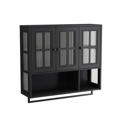 Bathroom Wall Cabinet, 3-Door Wooden Wall Cabinet with Open and Hidden Storage Space, Medicine Cabinet with Glass Door and Towel Bar for Entryway Living Room Bathroom Dining Room,Black