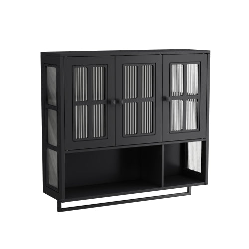 Bathroom Wall Cabinet, 3-Door Wooden Wall Cabinet with Open and Hidden Storage Space, Medicine Cabinet with Glass Door and Towel Bar for Entryway Living Room Bathroom Dining Room,Black