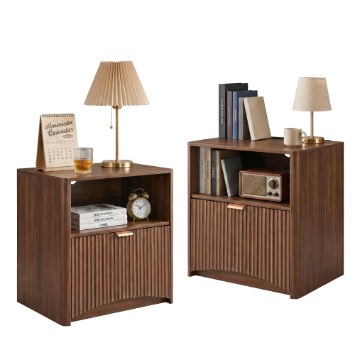 Set of 2 Walnut Mid-Century Nightstands with Charging Station