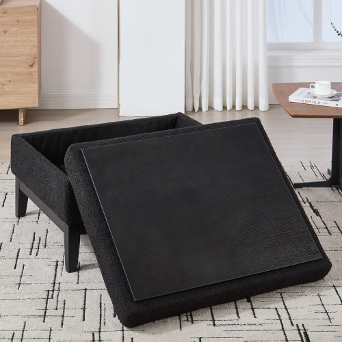 33.86 inch Black Boucle Square Storage Ottoman, Reversible Tray Lid Rubberwood Leg Footstool, 300 LBS