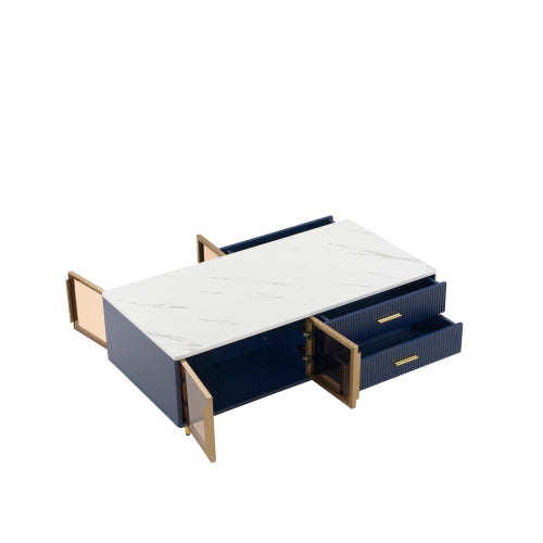 Modern Blue Coffee Table with Glass Doors Drawers LED Lighting Gold Legs