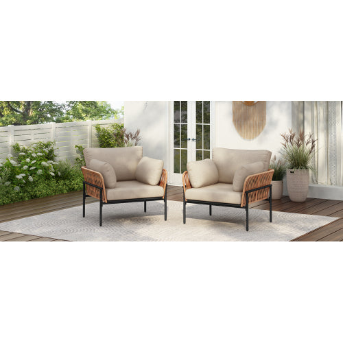 [Set of 2] 36" Beige and Light Wood-Tone Rope Iron Lounge Chair with Cushions, Perfect for Natural and Modern Spaces
