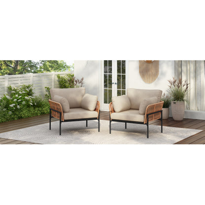 [Set of 2] 36" Beige and Light Wood-Tone Rope Iron Lounge Chair with Cushions, Perfect for Natural and Modern Spaces