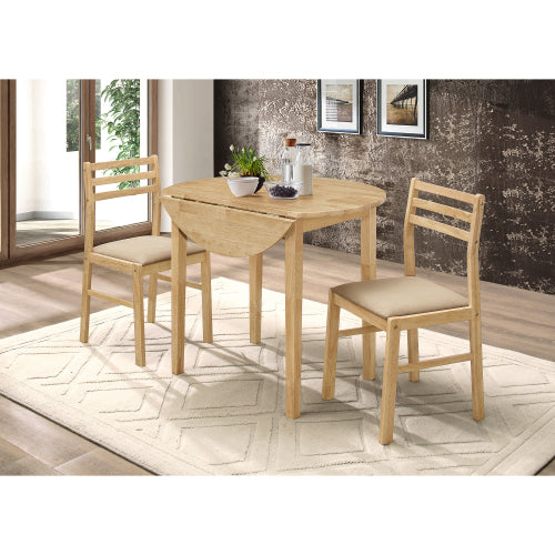 3-Piece Natural Wood Drop Leaf Dining Set, Compact Round Table with 2 Tan Fabric Upholstered Chairs