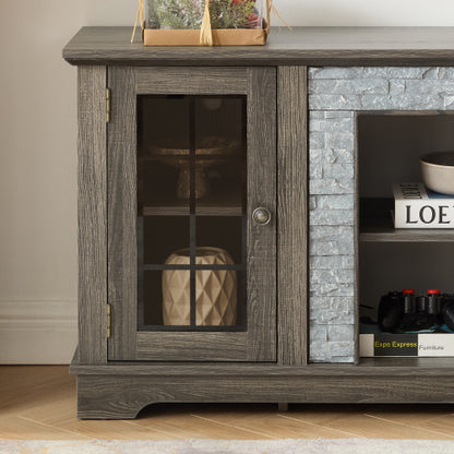 58 Inch Grey Faux Stone Two-Door TV Media Console Adjustable Shelves 6 Cable Holes Fits TVs Up To 65 Inch