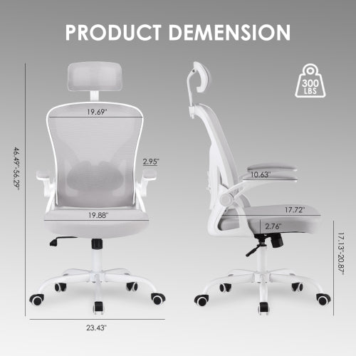 Ergonomic Office Chair, Home Office Desk Chair with Headrest, High Back Computer Chair with Armrests and Adjustable Lumbar Support for Home Office Study Room,White & Gray