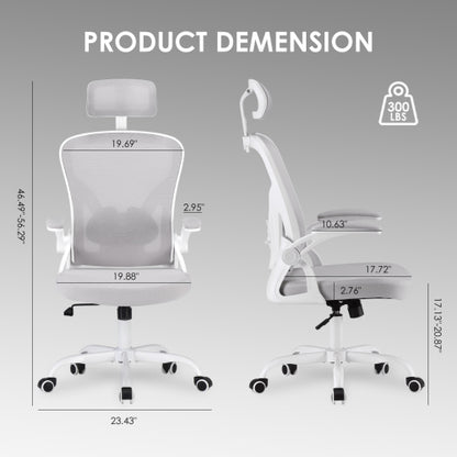 Ergonomic Office Chair, Home Office Desk Chair with Headrest, High Back Computer Chair with Armrests and Adjustable Lumbar Support for Home Office Study Room,White & Gray