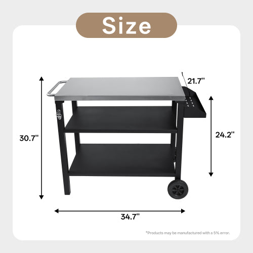 3-Tier Outdoor Grill Cart with Stainless Steel Top & Side Shelf, Movable BBQ Prep Table with Wheels, Rolling Serving Bar Cart for Patio, Backyard, Pizza Oven Stand, Black
