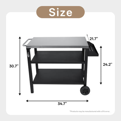 3-Tier Outdoor Grill Cart with Stainless Steel Top & Side Shelf, Movable BBQ Prep Table with Wheels, Rolling Serving Bar Cart for Patio, Backyard, Pizza Oven Stand, Black