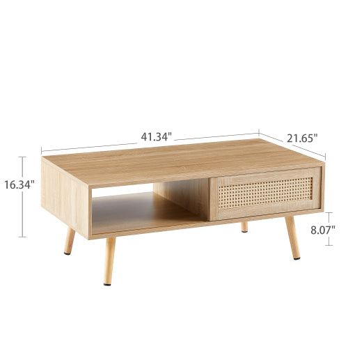 41.34inch  Rattan Rectangular Coffee Table with Sliding Door, Natural