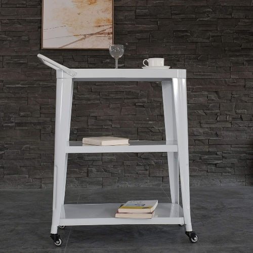 3-Tier Metal Rolling Cart Swivel Rollers Durable Utility Table Wheels with Handle All Metal Frame Easy Mobility Versatile Kitchen Stand Bar Serving Use White 1pc