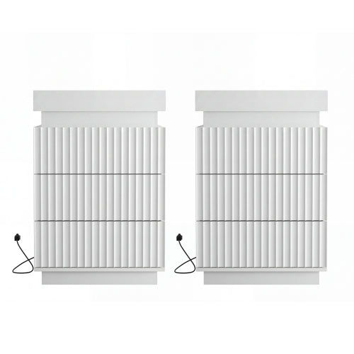 2 Pack White Nightstand, Sliding Top Charging Station & RGB LED Wave Panel Drawers