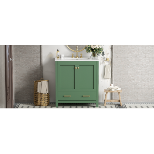 30 Inch Green Bathroom Vanity with Single Sink, Combination Under Counter Sink, Bathroom Storage Cabinet with 2 Doors and a Drawer, Soft Closure, Multifunctional Storage(WF324043)