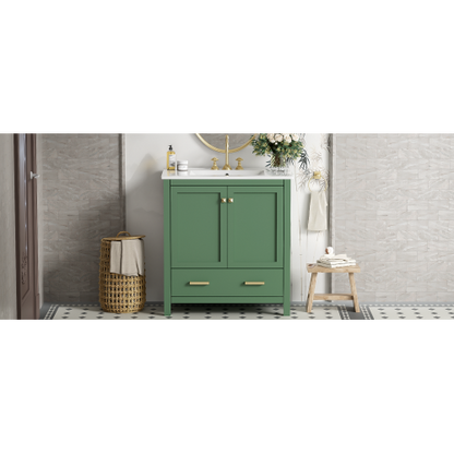 30 Inch Green Bathroom Vanity with Single Sink, Combination Under Counter Sink, Bathroom Storage Cabinet with 2 Doors and a Drawer, Soft Closure, Multifunctional Storage(WF324043)