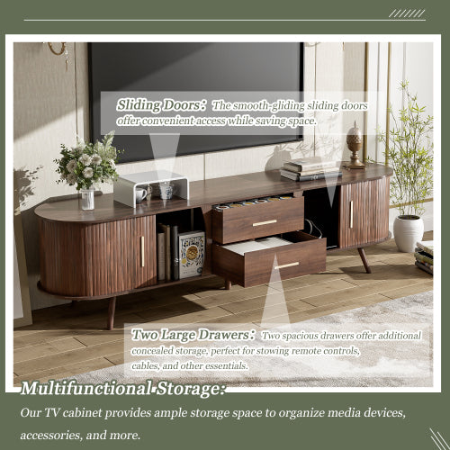 70.8 Inch Dark Brown Mid-Century Sliding Door TV Stand Solid Wood Leg Media Console Fits 80 Inch TV