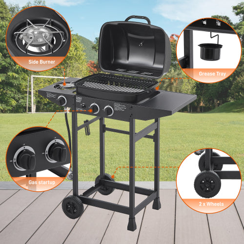 2 Burner BBQ Propane Gas Grill with Side Burner 24000 BTU Output Stainless Steel Barbecue Grill with Enameled Grates and Side Tables for Outdoor Cooking Kitchen and Patio Backyard