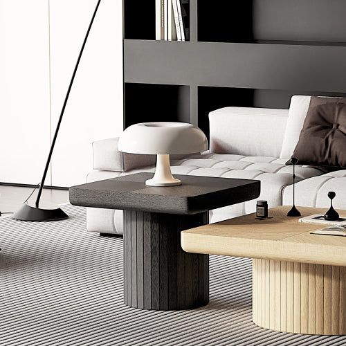 23.6inch  Modern Square End Table, Solid Wood Veneer Parquet Top with Grooved Cylindrical Base, Matte Black