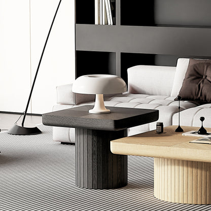 23.6inch  Modern Square End Table, Solid Wood Veneer Parquet Top with Grooved Cylindrical Base, Matte Black
