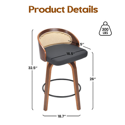 Swivel Bar Stools Set of 2, Modern Wood Frame with Rattan Back, PU Leather Stool for Kitchen Counter, Mid Century Upholstered Barstools with Footrest,Industrial Counter Height Stools