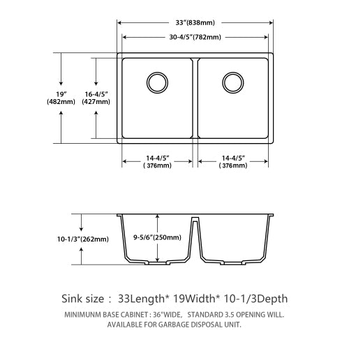 Quartz Kitchen Sink - 33" x 19" x 10.33" White granite composite undermount kitchen sink Double Bowl(50/50)