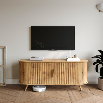 Natural Oak 50 Inch Fluted TV Stand with Power Outlets, Sliding Door Media Console for TVs Up to 55 Inch TV