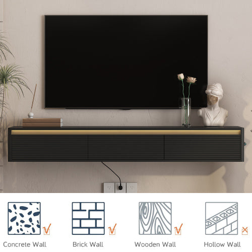 Fluted Wall Mount Floating TV Stand with LED Lights & Built-in Power Outlet for Living Room