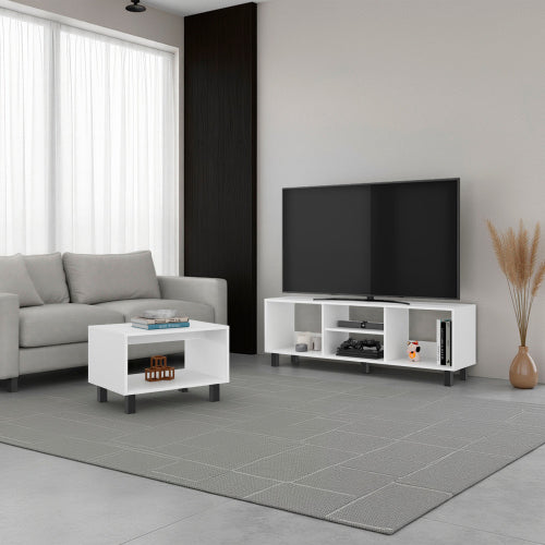White Matching TV Stand & Coffee Table Set with Open Storage Shelves