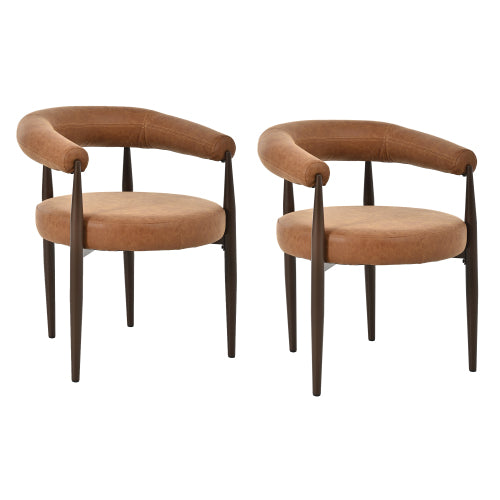Set of 2 Vintage Curved Barrel Dining Arm Chairs, PU Leather & Coffee Gold Iron Frame