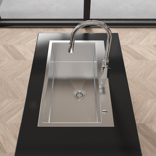 Stainless Steel Kitchen Sink, 32″x19″ Single Bowl, Overmount Handmade Sink in Brushed Nickel, with US Standard Drain and Hook, LS-SSBR02