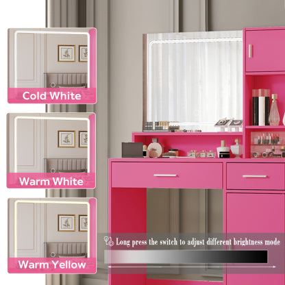 Vanity Desk with Mirror and LED Light Strip,Dressing Table with Large Drawer, 3 Level Storage Dresser & 3 Lighting Modes Adjustable Brightness, Suitable for Bedroom(Rose Pink)