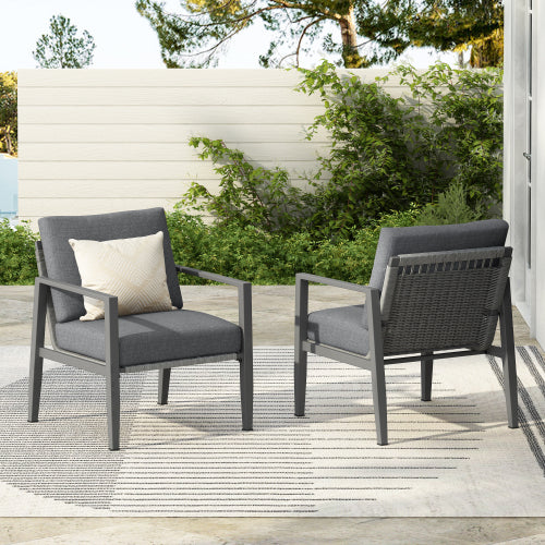 [Set of 2] Gray Aluminum Lounge Chair with Sleek Rope Accents and Comfortable Cushions, Perfect for Modern Outdoor and Indoor Spaces
