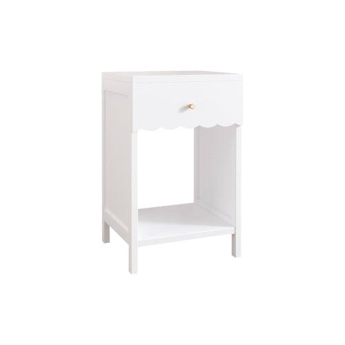 Modern White Nightstand with Drawer and Open Shelf,Scalloped Edge Bedside Table for Bedroom, Cute Minimalist Side Table for Kids Room or Girls' Room