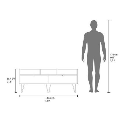 White and Natural Oak 54 inch TV Stand with Open Shelves and Storage