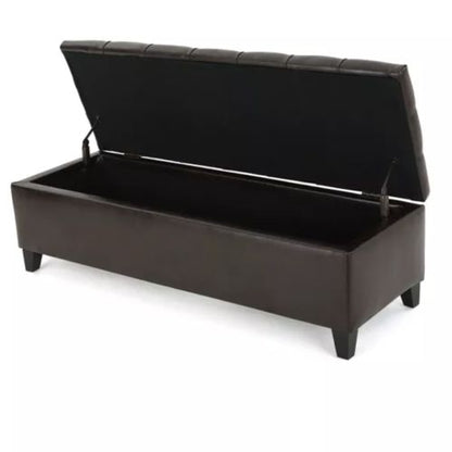 Dark Brown PU Storage Ottoman Bench, Tufted Upholstery with Rubber Wood Legs, 300 LBS Capacity, 51.18 inchL x17.52 inchW x18 inchH