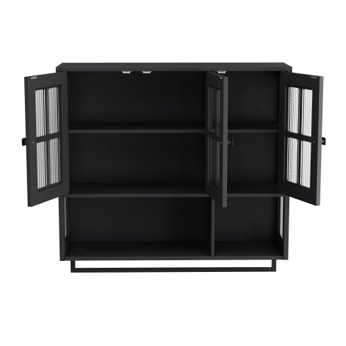 Bathroom Wall Cabinet, 3-Door Wooden Wall Cabinet with Open and Hidden Storage Space, Medicine Cabinet with Glass Door and Towel Bar for Entryway Living Room Bathroom Dining Room,Black