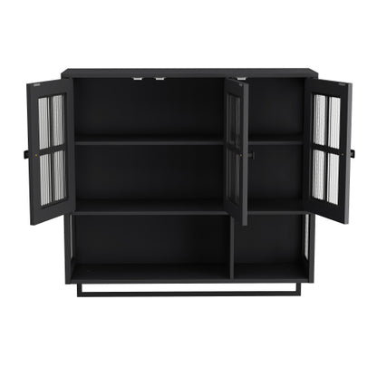 Bathroom Wall Cabinet, 3-Door Wooden Wall Cabinet with Open and Hidden Storage Space, Medicine Cabinet with Glass Door and Towel Bar for Entryway Living Room Bathroom Dining Room,Black