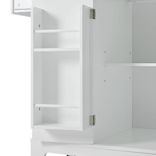 K Fluted Kitchen Island with Trash Can Storage Cabinet, Power Outlet, Internal Storage Rack, Rolling Kitchen Islands on 5 Wheels with 3 Drawer