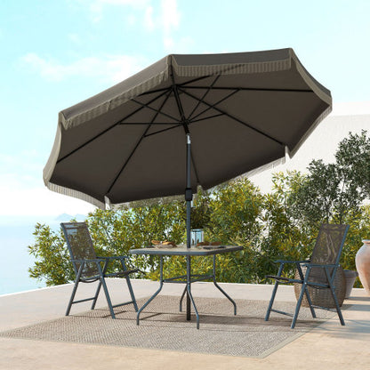 9ft Patio Umbrella with Push Button Tilt and Crank, Ruffled Outdoor Market Table Umbrella with Tassles and 8 Ribs, for Garden, Deck, Pool, Dark Gray