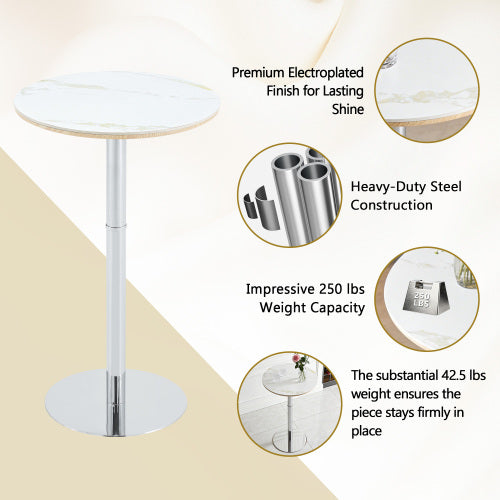 Rock slab circular tabletop non adjustable (39 inches high) bar table, bar table with silver legs and base (white)