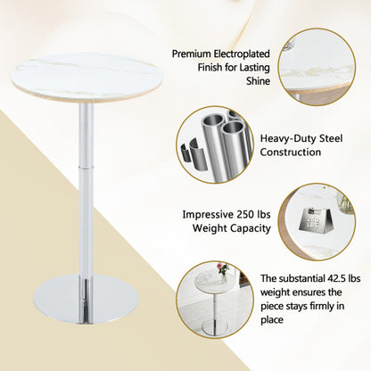 Rock slab circular tabletop non adjustable (39 inches high) bar table, bar table with silver legs and base (white)