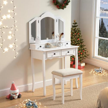 Antique White Wood Vanity & Stool Set, 3?Panel Beveled Mirror, 4 Drawers, Brushed Nickel Hardware