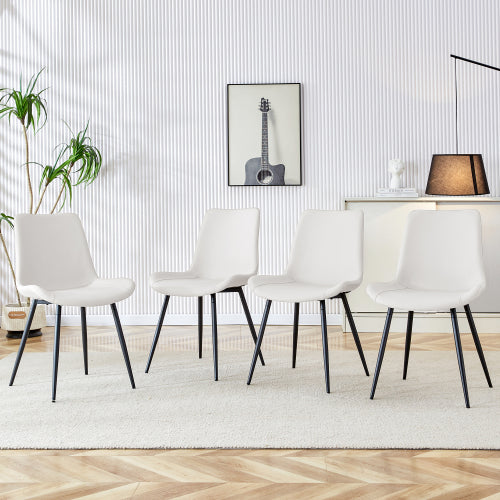 Faux Leather Dining Side Chair with Curved Seat and Metal Legs, White/Black
