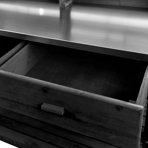 K&K 64.9"H Outdoor Potting Bench Table with Lockable Wheels, Solid Wood Outdoor Kitchen Island with Upper Hutch, Stainless Steel Top, Towel Rack ,Outdoor Storage for Grilling, Lawn Garden -Black