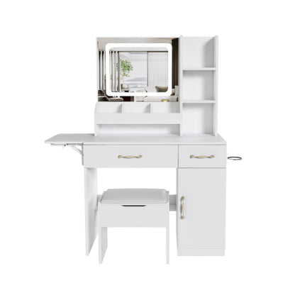 Vanity Desk with LED Mirror Lights and Power Outlet Charging Station, Makeup Dressing Table with 3 Drawers, 7 Shelves and Storage Stool, for Girls and Women (White)