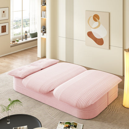 78.7-Inch Baby-Pink Convertible Corduroy Sleeper Floor Sofa-Bed with Zip-On Blanket & 2 Pillows No-Assembly