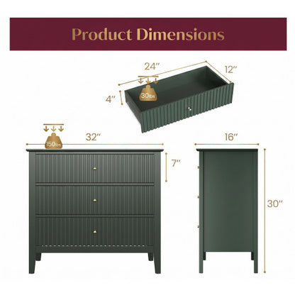 32inch Green Fluted 3-Drawer Nightstand